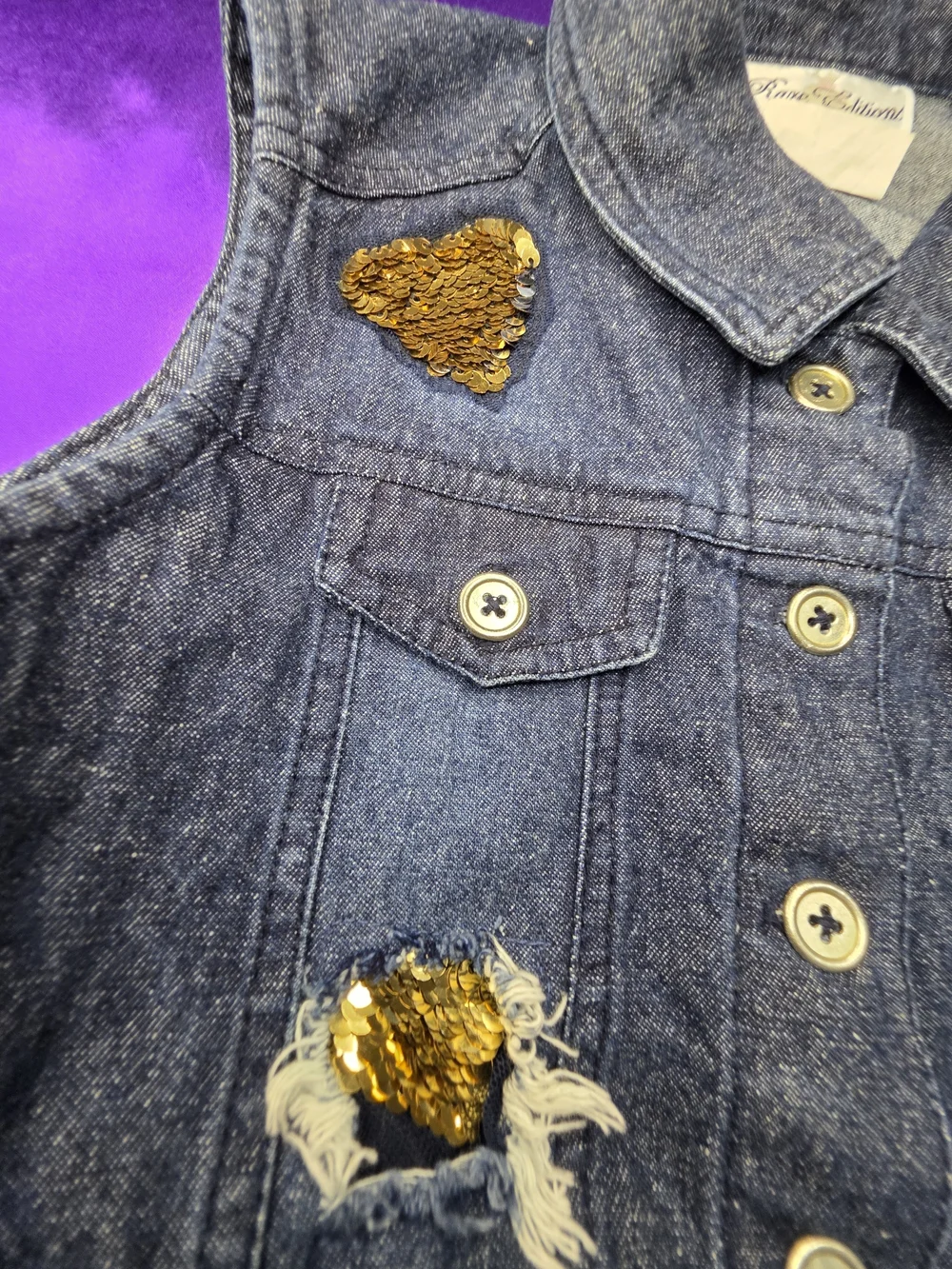 Rare Editions Dark Blue Denim Sequin Patch Vest Size 7